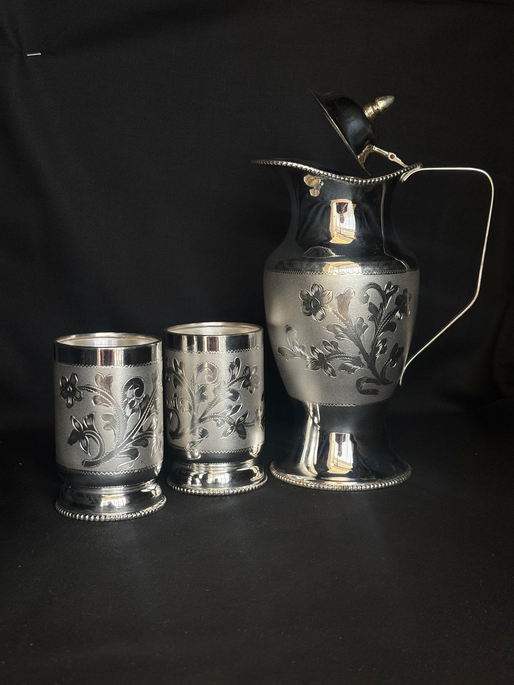 92.5 Sterling Silver Water Jug & Glass Set - Handcrafted Floral Design