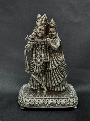 Silver Radha Krishna Murti with High Antique Finish Divine Idol