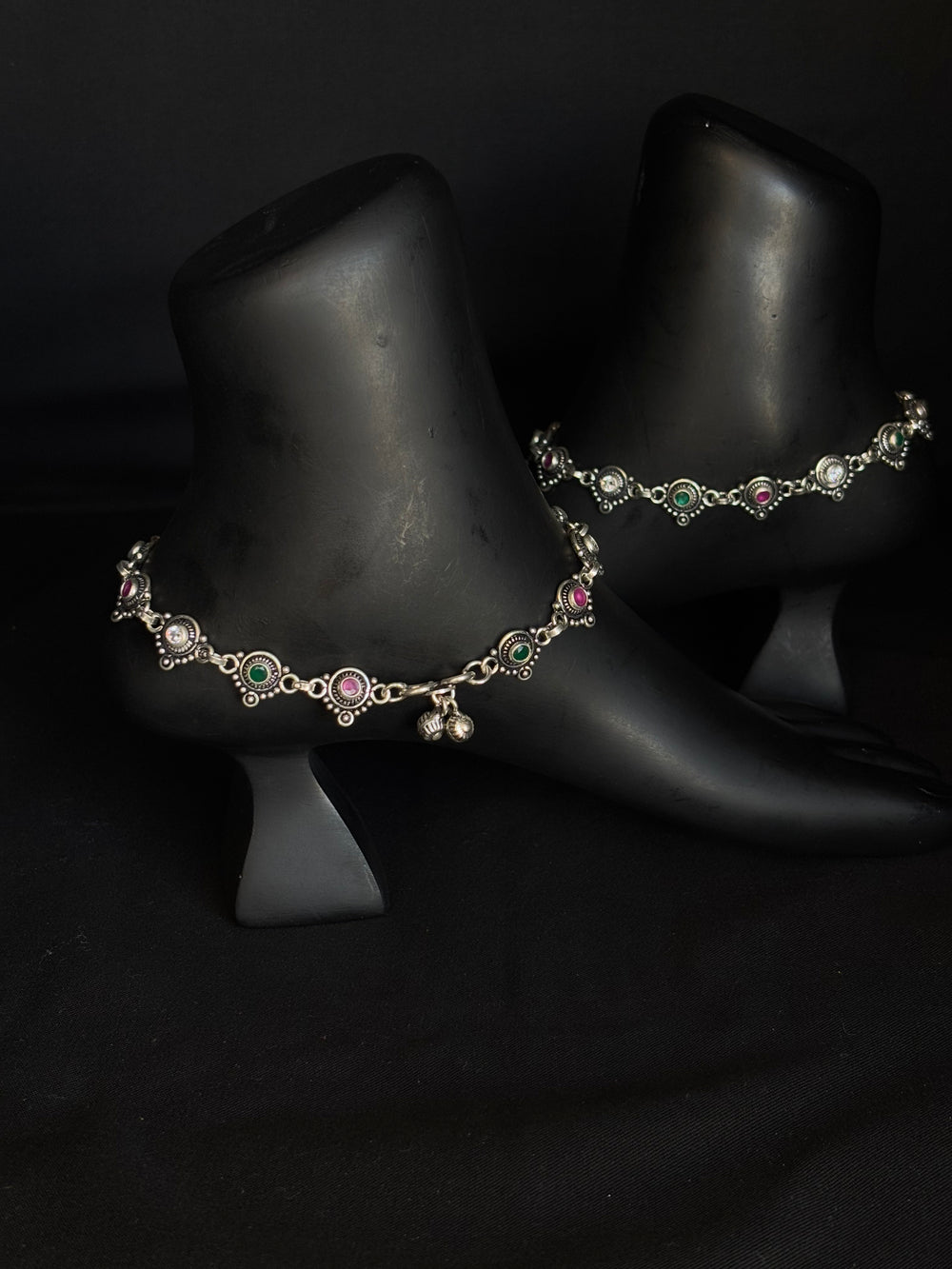 92.5 Sterling Silver Oxidized Anklets with Colorful Stone Accents - Traditional Indian Jewelry