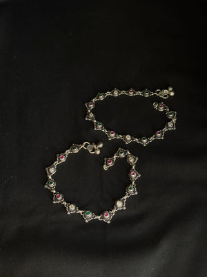 92.5 Sterling Silver Oxidized Anklets with Colorful Stone Accents - Traditional Indian Jewelry