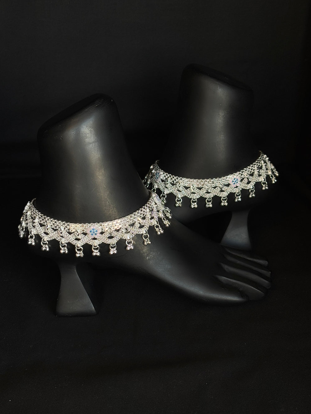 92.5 Sterling Silver Dainty Anklets with Blue Stone Accents & Dangling Beads - Traditional Indian Jewelry