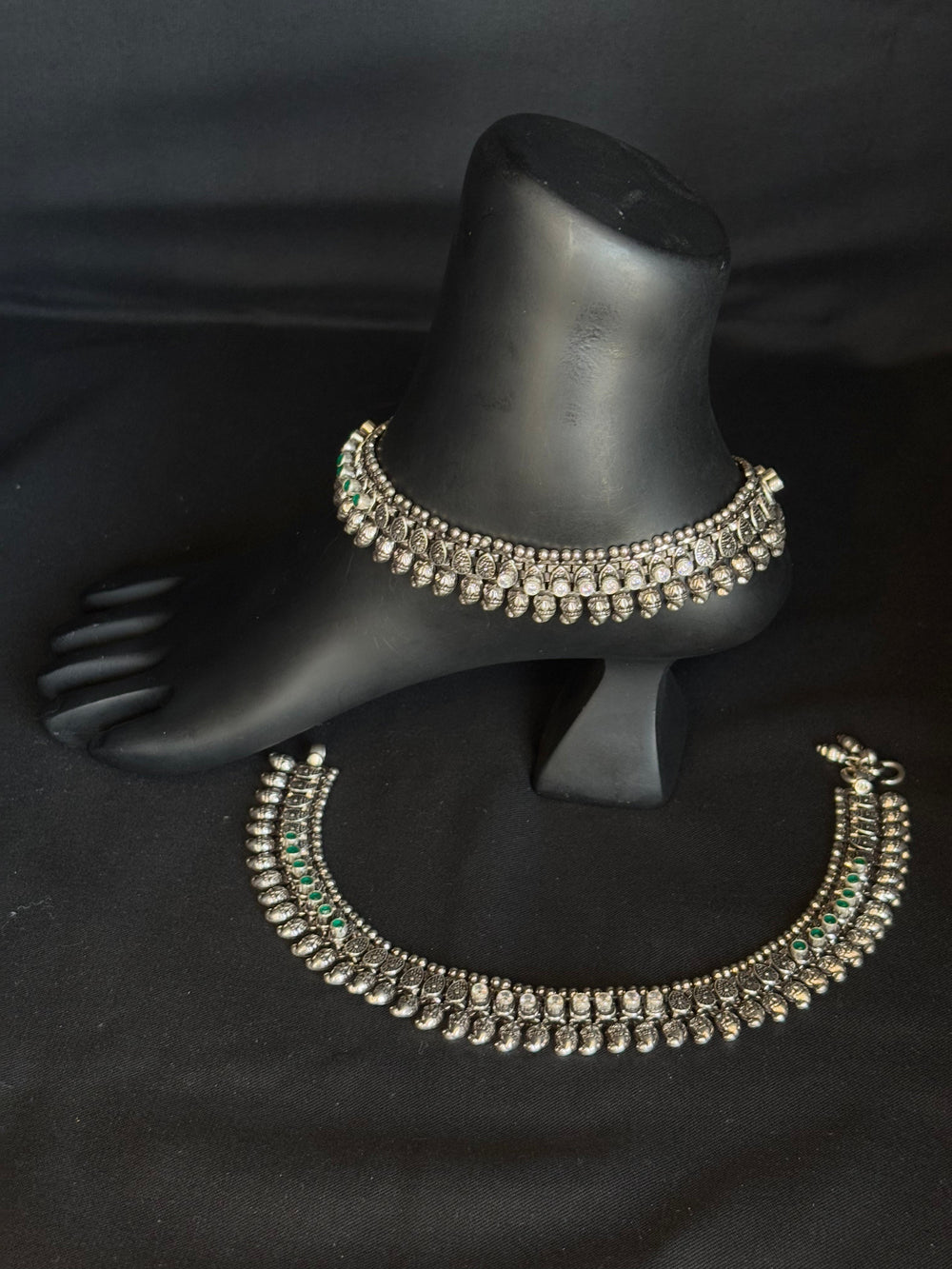 92.5 Sterling Silver Oxidized Anklets with Green Stone Accents - Traditional Indian Jewelry