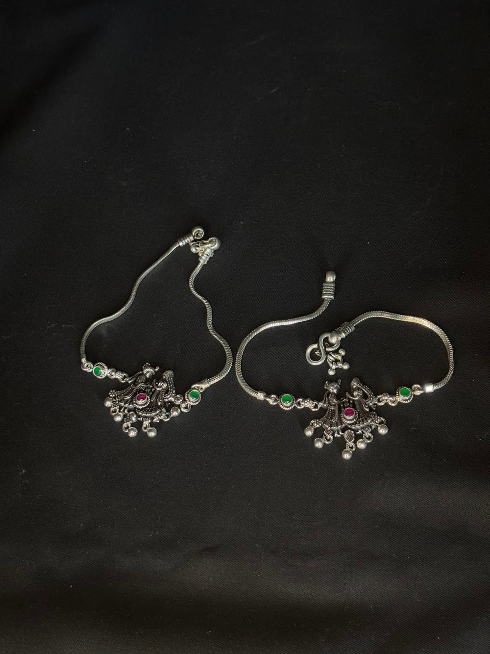 92.5 Sterling Silver Oxidized Peacock Anklets with Stone Accents - Traditional Indian Jewelry