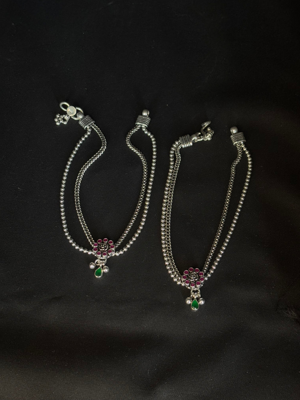 92.5 Sterling Silver Delicate Anklets with Floral Pendant and Stone Accents