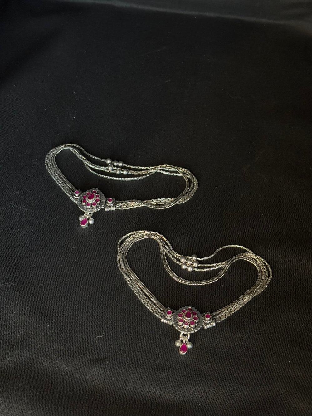 92.5 Sterling Silver Cutstone Payal/ Anklets with Ruby Accents - Traditional Indian Jewelry