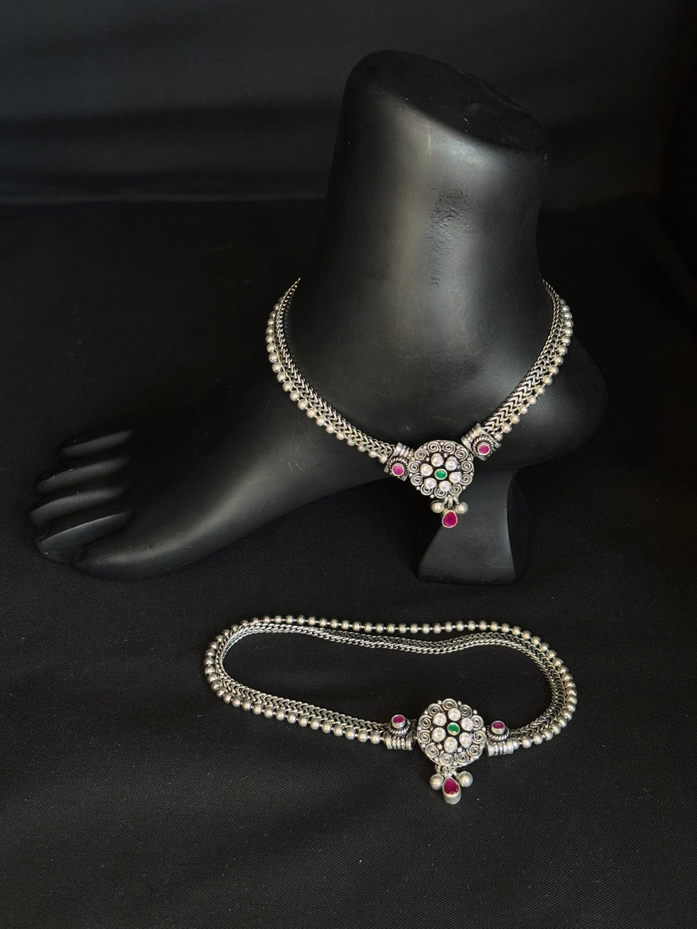92.5 Sterling Silver Oxidized cutstone Payal/ Anklets with Stone Accents - Traditional Indian Jewelry