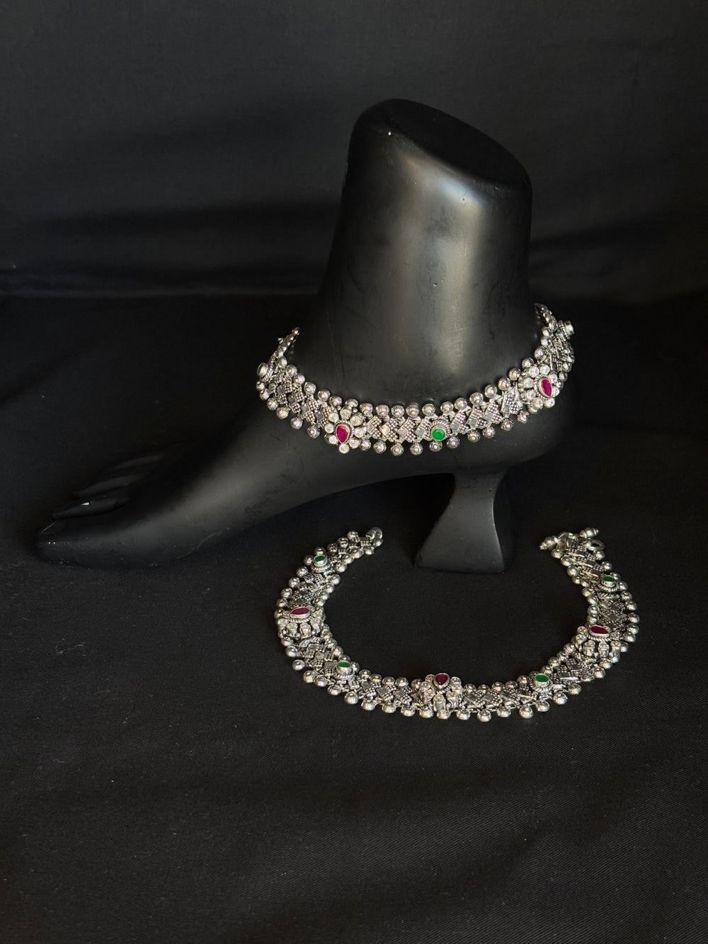 92.5 Sterling Silver Beaded Payal (Anklets) with Colorful Stones - Traditional Indian Jewelry