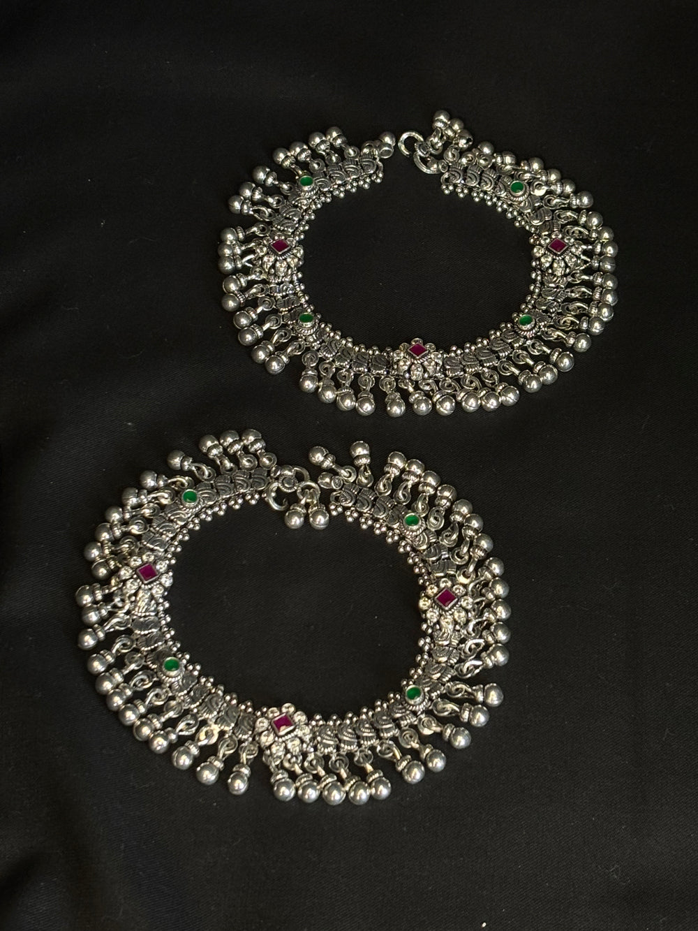 92.5 Sterling Silver Beaded Payal (Anklets) with Colorful Stones - Traditional Indian Jewelry