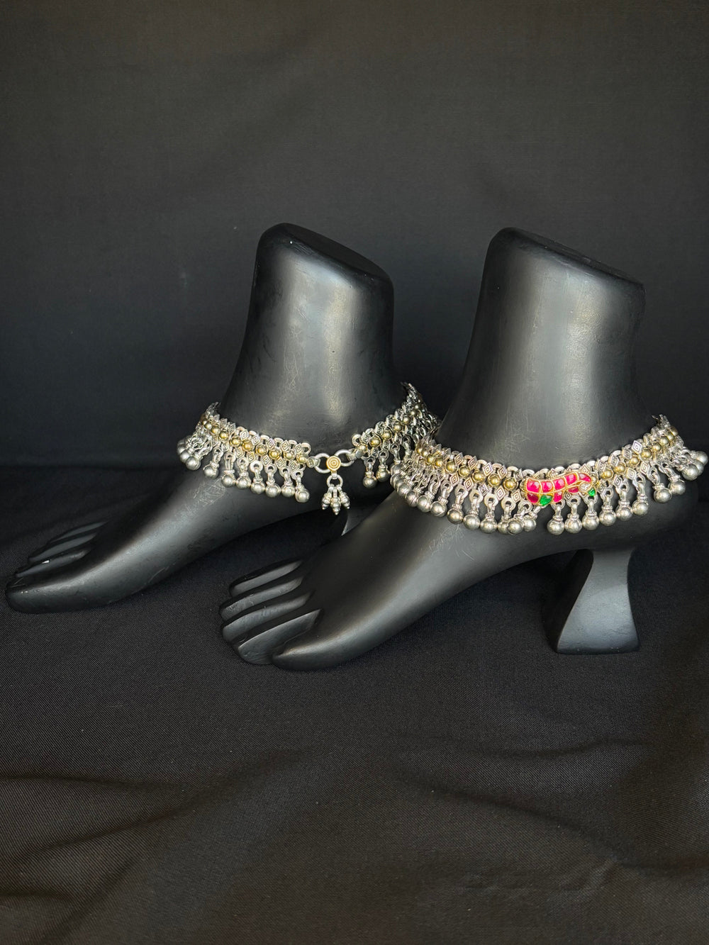 92.5 Sterling Silver Beaded Payal (Anklets) with Kundan Accents