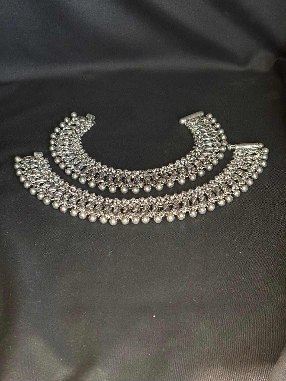 92.5 Sterling Silver Beaded Payal (Anklets) - Traditional Indian Design