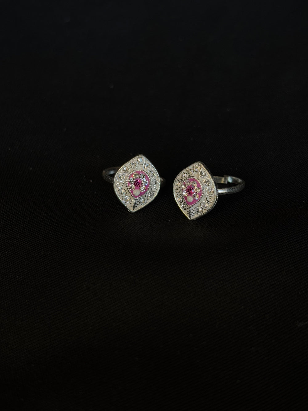 92.5 Sterling Silver Diamond-Shaped Toe Rings with Pink Stone Accents - Adjustable Band