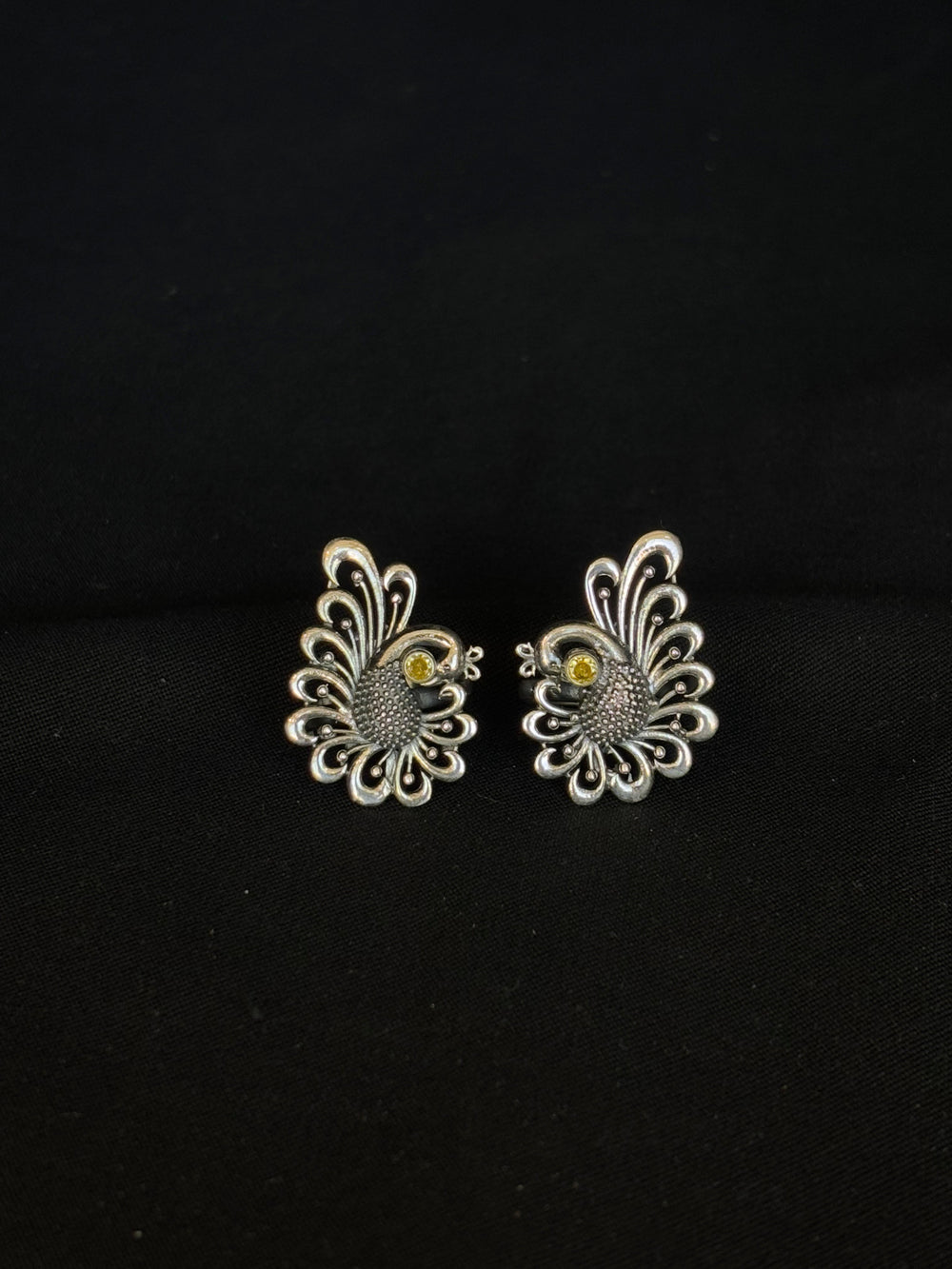92.5 Sterling Silver Peacock Stud Earrings with Yellow Stone Accents - Traditional Indian Jewelry